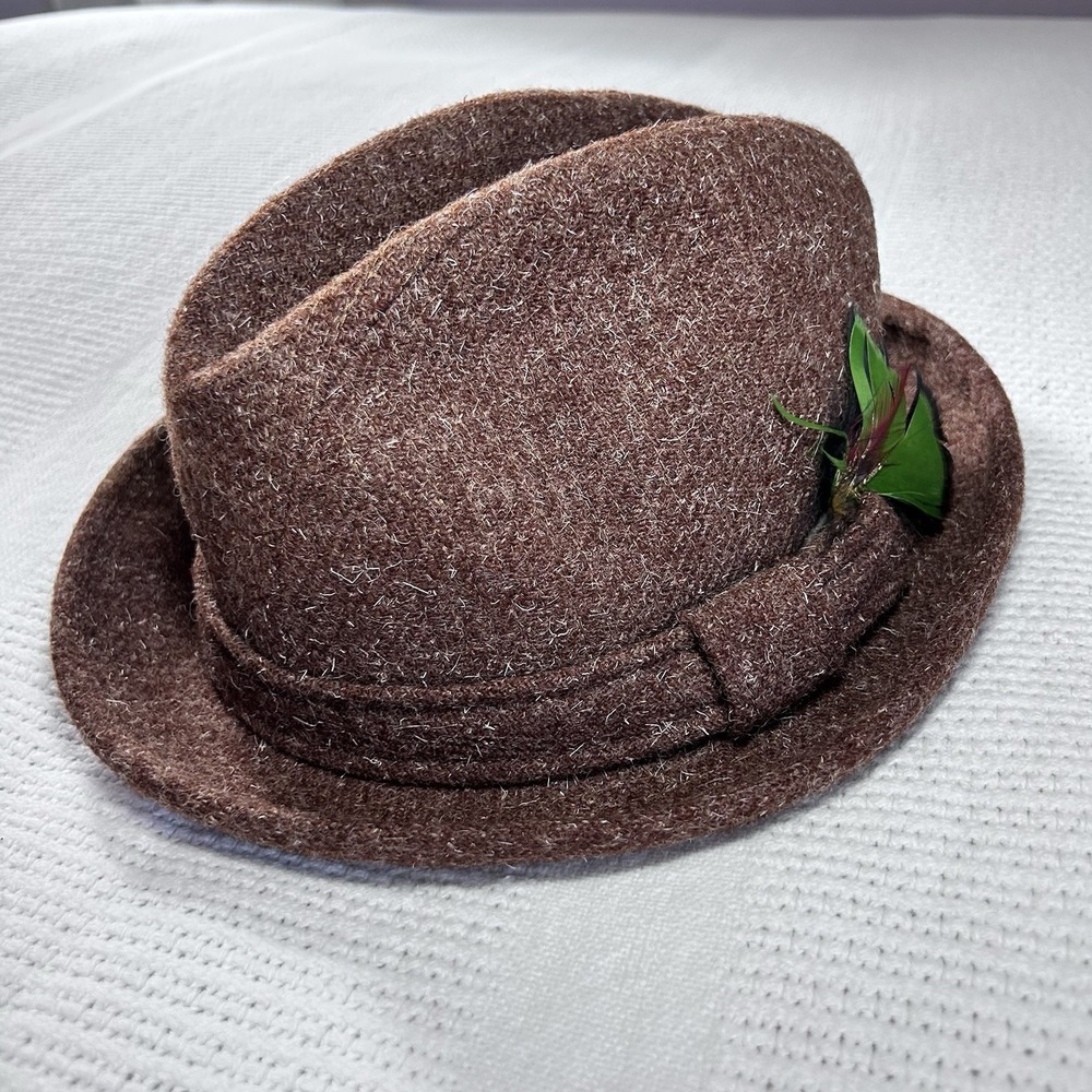 Vintage Country Gentleman Brown Wool Tweed Fedora 7 1/8 Green Feather